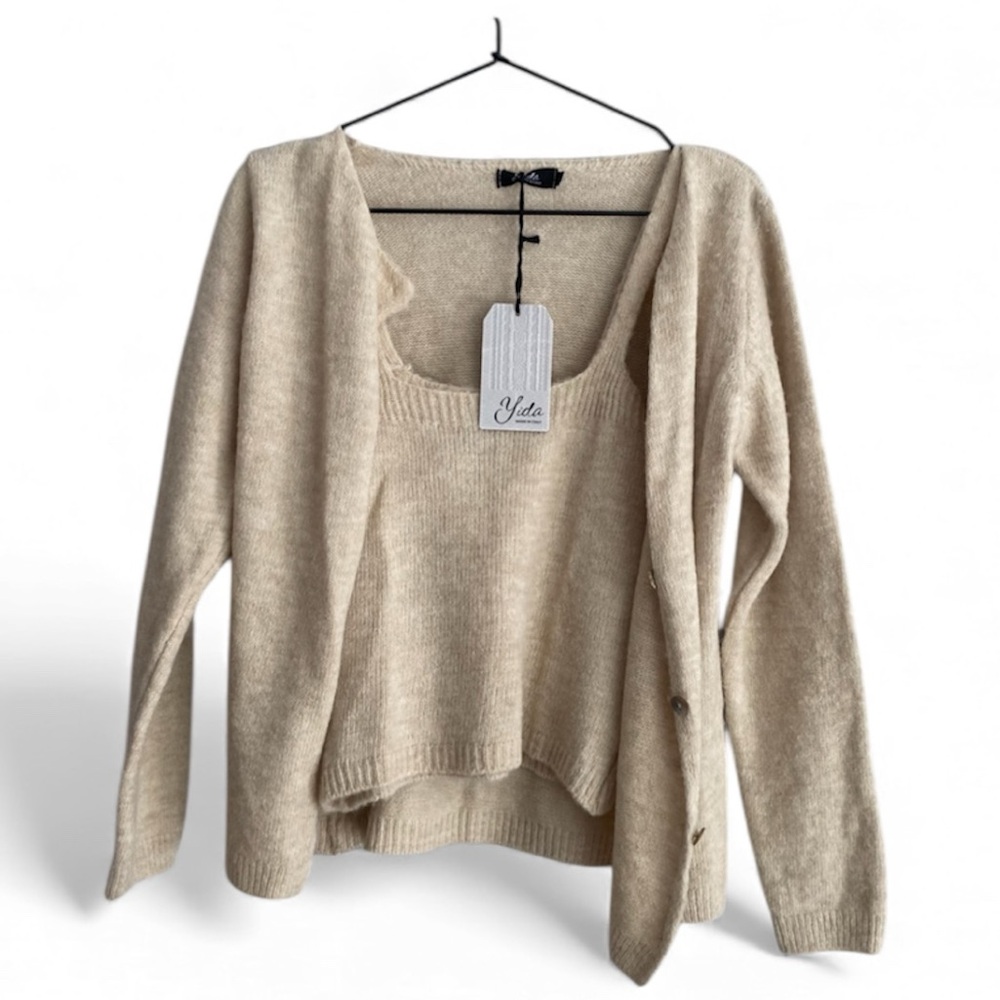 Jodi - beige knit cardigan and tank top set